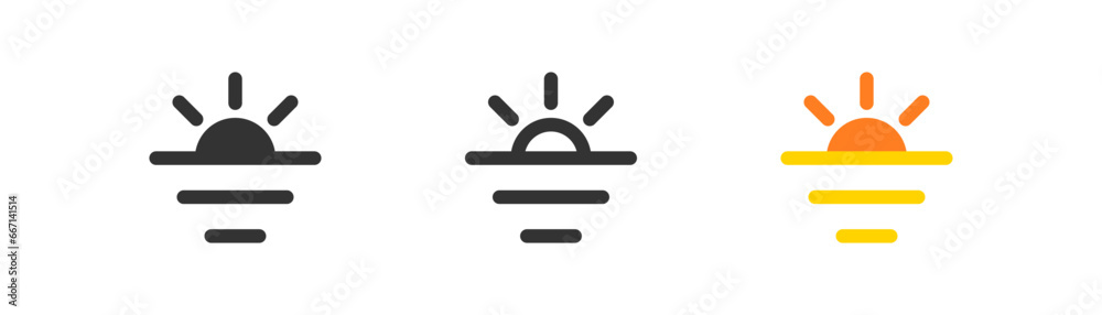 Sunset icon, horizon sunrise, sea dawn simple outline flat style vector illustration. Sunset icon, horizon sunrise, sea dawn simple outline flat style vector illustration.