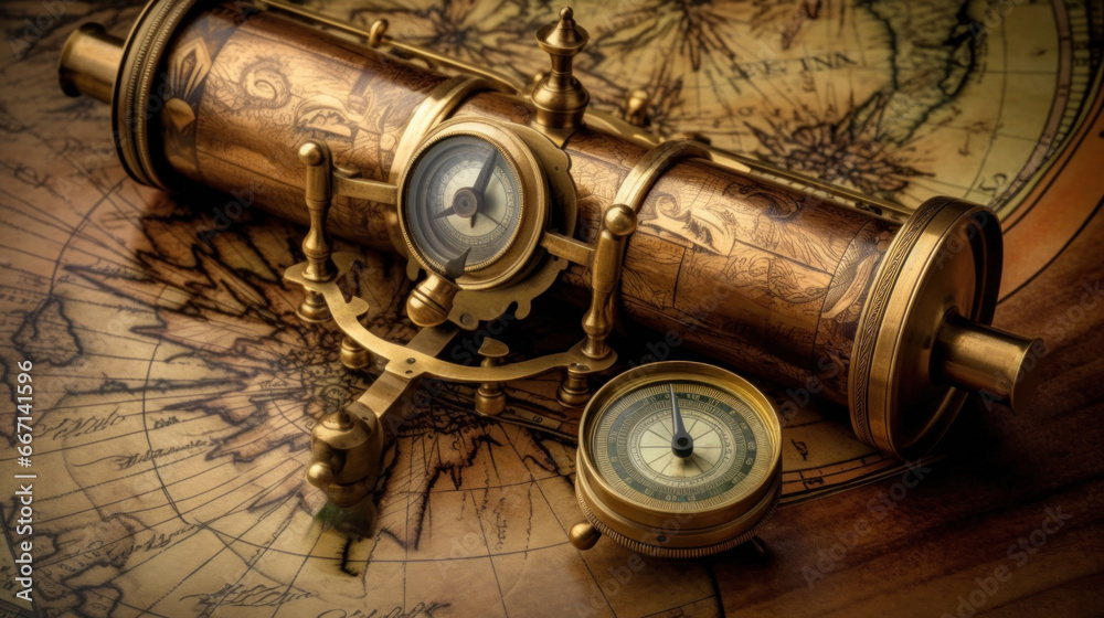 Antique brass telescope and compass old times world map. - obrazy, fototapety, plakaty 
