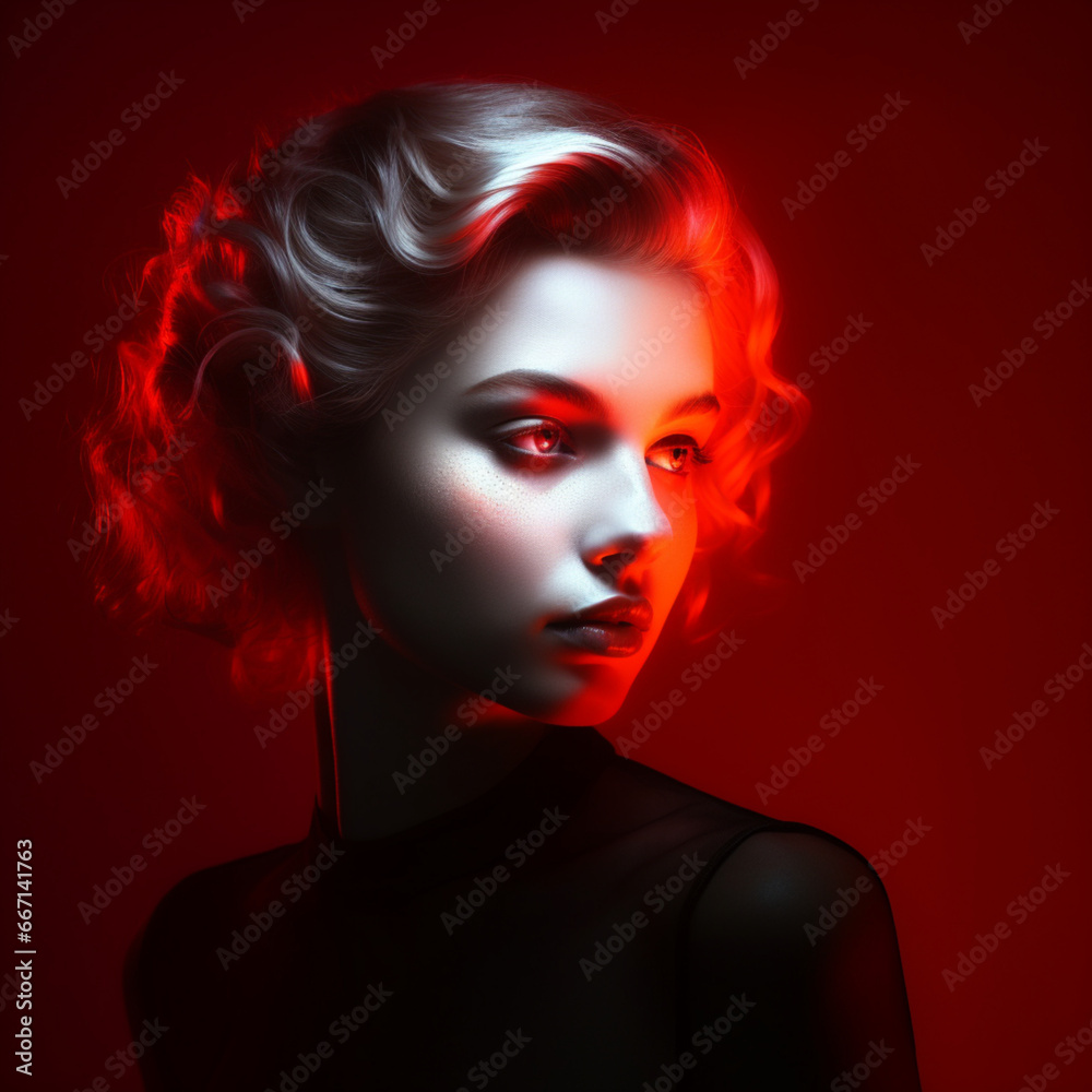 Ilustracion de mujer atractiva con reflejos de luz de color rojo intenso