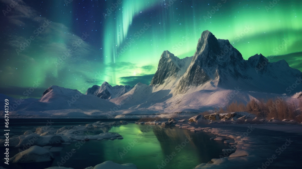 Aurora borealis at mountain landscape.