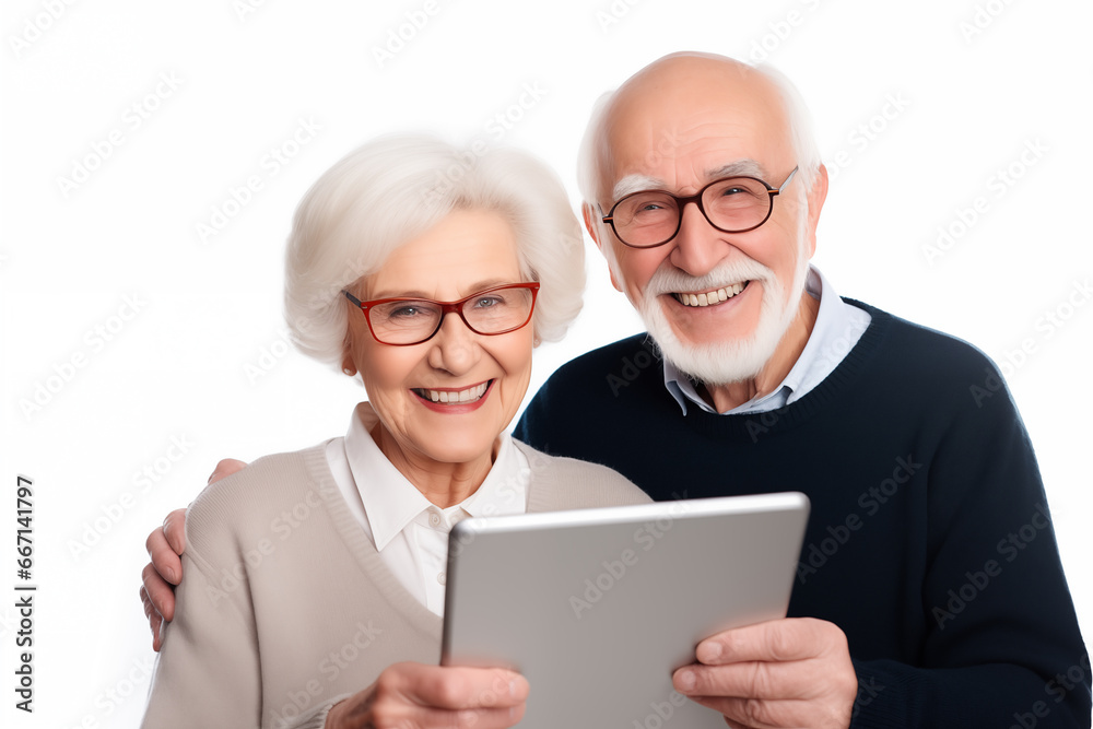 Portrait of an elderly couple of a man and a woman of Caucasian appearance, smiling and standing in an embrace, holding a tablet and hugging on a white background. Portrait of an elderly couple of a man and a woman of Caucasian appearance, smiling and standing in an embrace, holding a tablet and hugging on a white background.