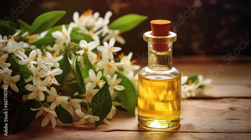 Neroli essential oil with flowers on a wooden background.