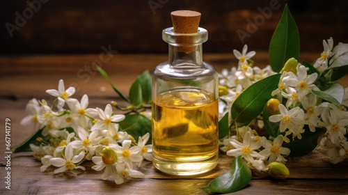 Neroli essential oil with flowers on a wooden background.