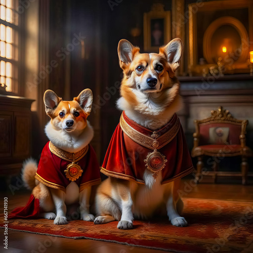 Beautiful noble royal corgi dog posing in a rich red suit in a vintage interior