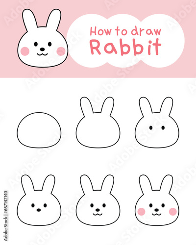 How to draw cute rabbit cartoon for learning, kid, coloring book. Vector illustration