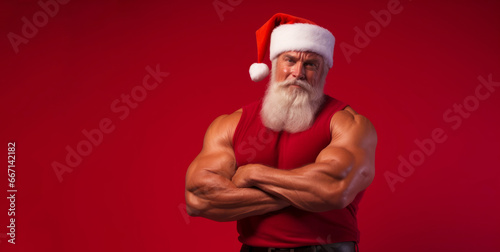 A muscular body builder Father Christmas. New year fitness concept