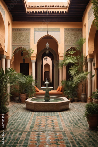 Enchanting Moroccan riad courtyard with mosaic tiles  a central fountain  and lush plants.