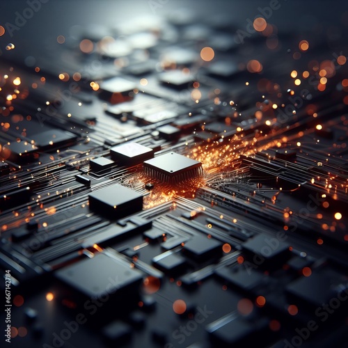 An abstract background image of digital geometric technology;  black and glowing orange components