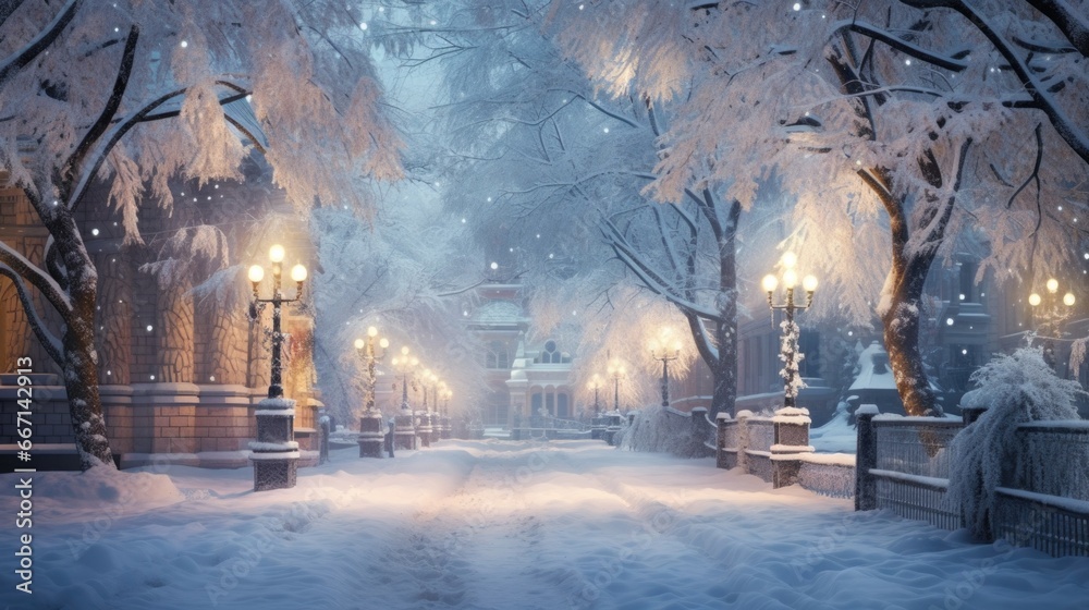 Frosty evening in winter city park, snow on trees, glowing lanterns lining pathway. Cold weather beauty. - obrazy, fototapety, plakaty 
