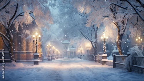 Frosty evening in winter city park, snow on trees, glowing lanterns lining pathway. Cold weather beauty. © Postproduction