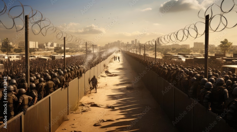 Border of two countries with barbed wire and military