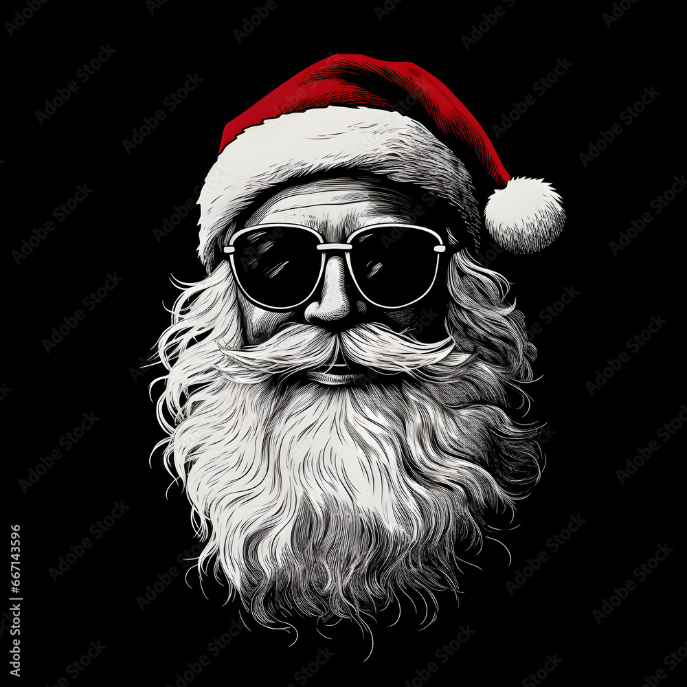 Santa claus wearing glasses and jolly joker face on a black background, in the style of animated gifs. Minimalist black and white