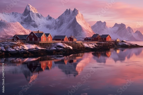 Frozen coast and house at sunrise in Lofoten Islands, Norway. Snowy mountains, frosty shore, ice, reflection in water, rorbu, purple sky, dawn's golden light. Generative AI
