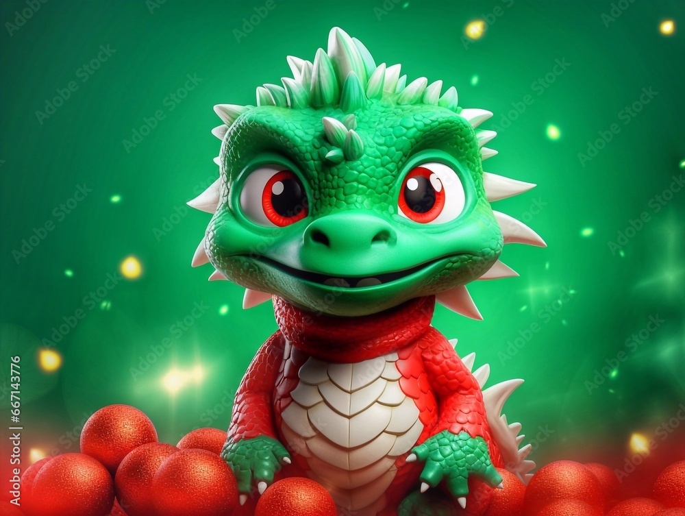 Cute dragon with red eggs on green background