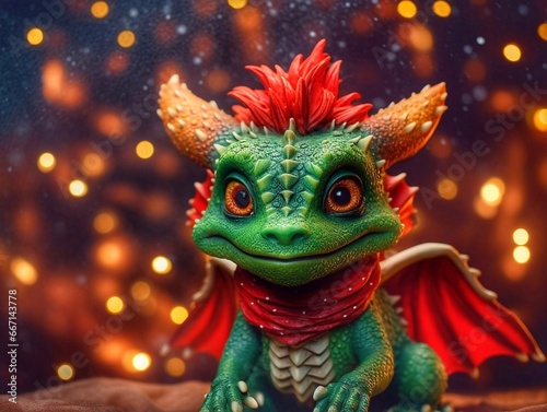 Close-up of a cute toy green dragon with red eyes and red wings against a background of Christmas lights.