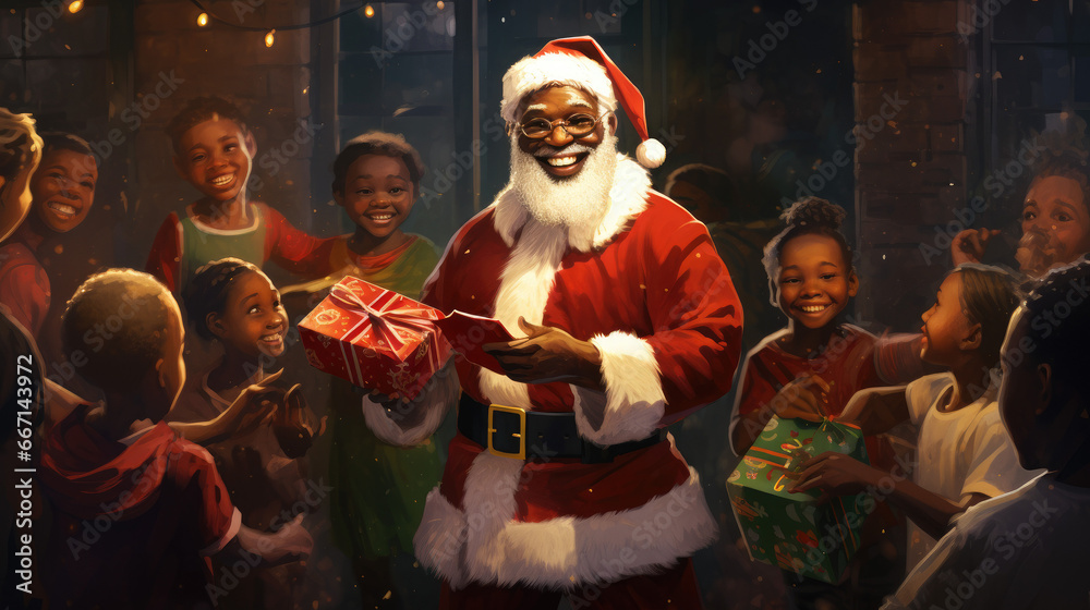 dessin d'un père noël africain donnant des cadeaux à des enfants à noël
