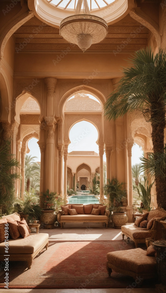 Opulent desert oasis palace interior with ornate architecture, lush gardens, and luxurious furnishings.