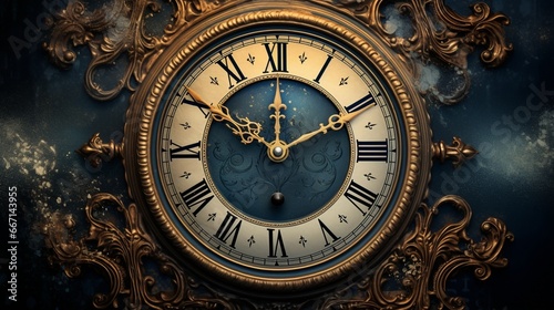 A vintage clock with Roman numerals and ornate hands, striking midnight to welcome the New Year.