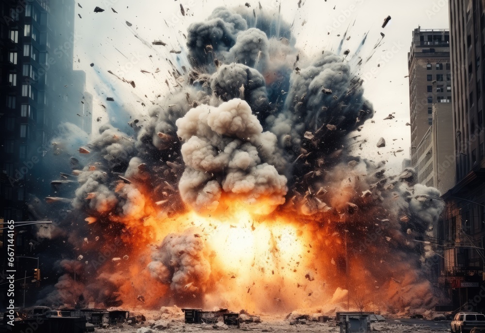 City, war and explosion .bomb in apocalypse