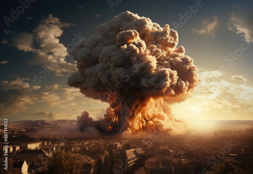 nuclear explosion mushroom cloud effect over city skyline for apocalyptic aftermath of nuclear attack or the use of mass destruction weapons