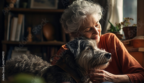 happy relaxed senior woman hugging her dog while at home on the sofa. pet and the owner concept