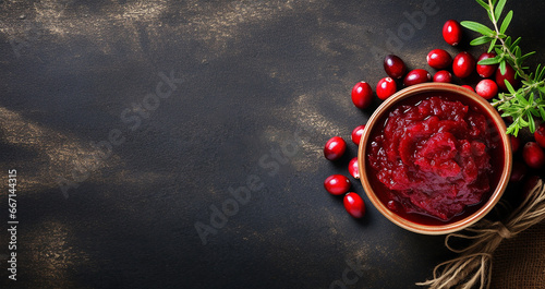 Flat lay composition with cranberry sauce on rustic wooden table, space for text