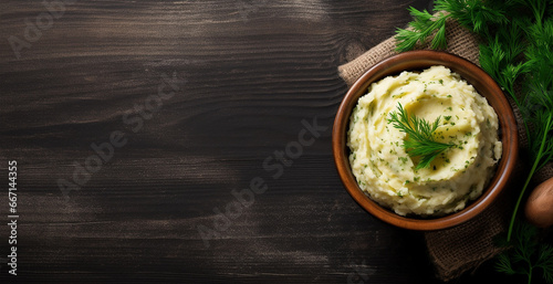 thanksgiving flat lay with mashed potatoes on dark rustic background with place for text photo