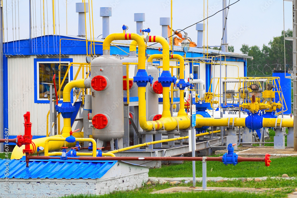Gas distribution station. Industrial facility. Gas processing station
