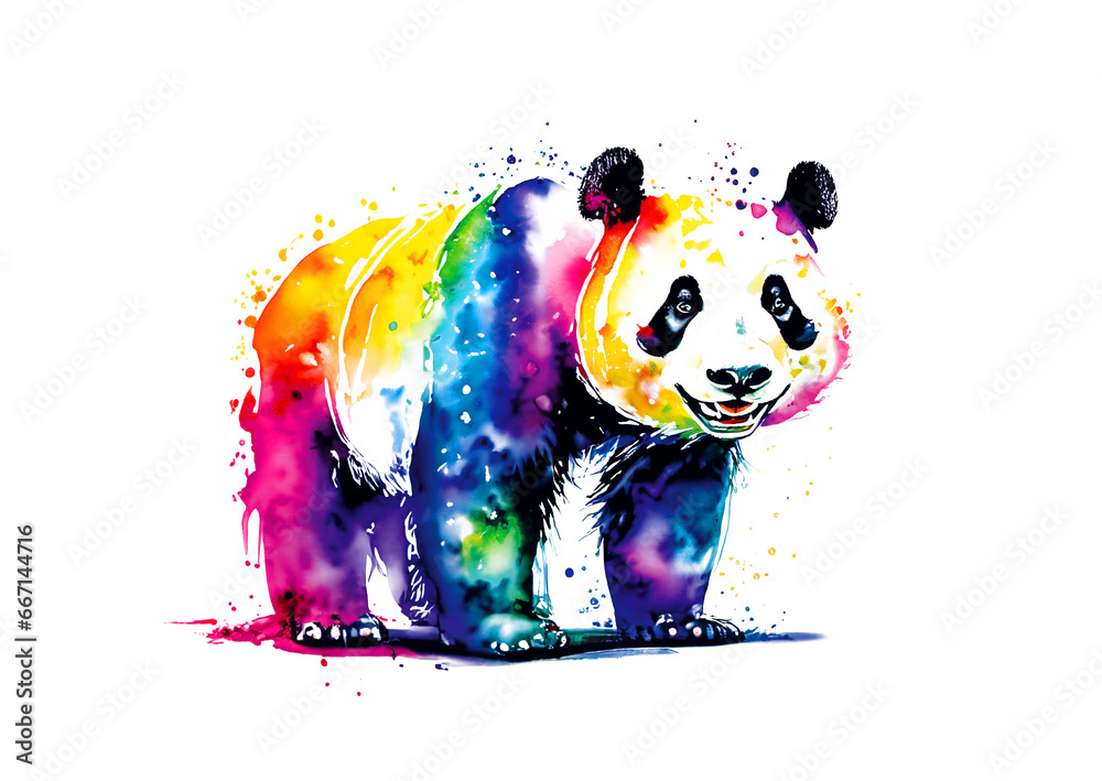 Pandabär lächelt stehend auf vier Pfoten in regenbogen bunten Wasserfarben mit Spritzern und Kleksen vor einem weißen Hintergrund - obrazy, fototapety, plakaty 