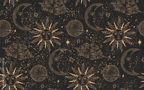 Seamless night sky pattern. Celestial elements. Pattern for textiles. Ornament sun and moon. On a blue background.