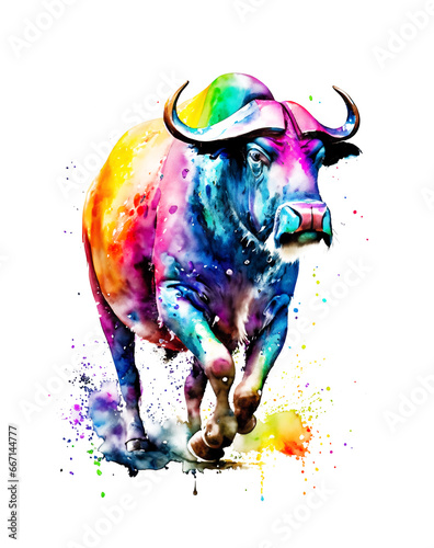 Tiere und natürliche Arten Vielfalt in ihrer Schönheit: Büffel in regenbogen bunten Wasserfarben mit Spritzern und Kleksen vor einem weißen Hintergrund als Vorlage und kunstvolle Gestaltung Elemente
