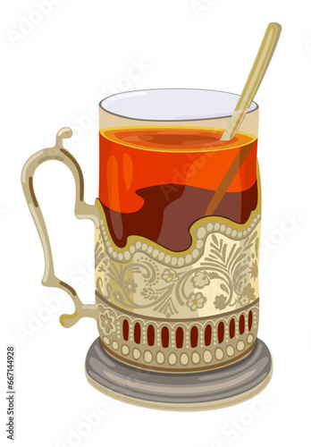 Glass of tea with spoon in cup holder. Vector isolated illustration.