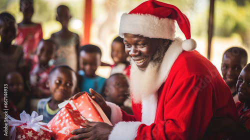 Père noël africain donnant des cadeaux à des enfants à noël