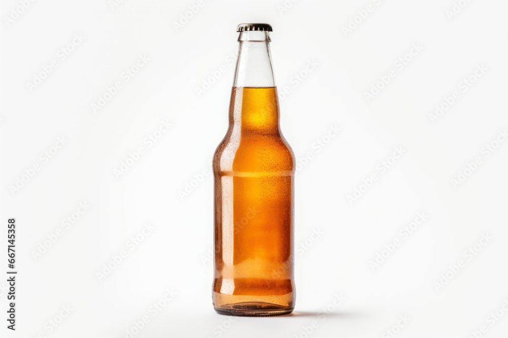 Clean glass transparent beer bottle with beer closed with a cap. Isolated on white background. Glass bottle with lemonade or any other yellow-brown drink. Template, mockup for design. With copy space. Clean glass transparent beer bottle with beer closed with a cap. Isolated on white background. Glass bottle with lemonade or any other yellow-brown drink. Template, mockup for design. With copy space.