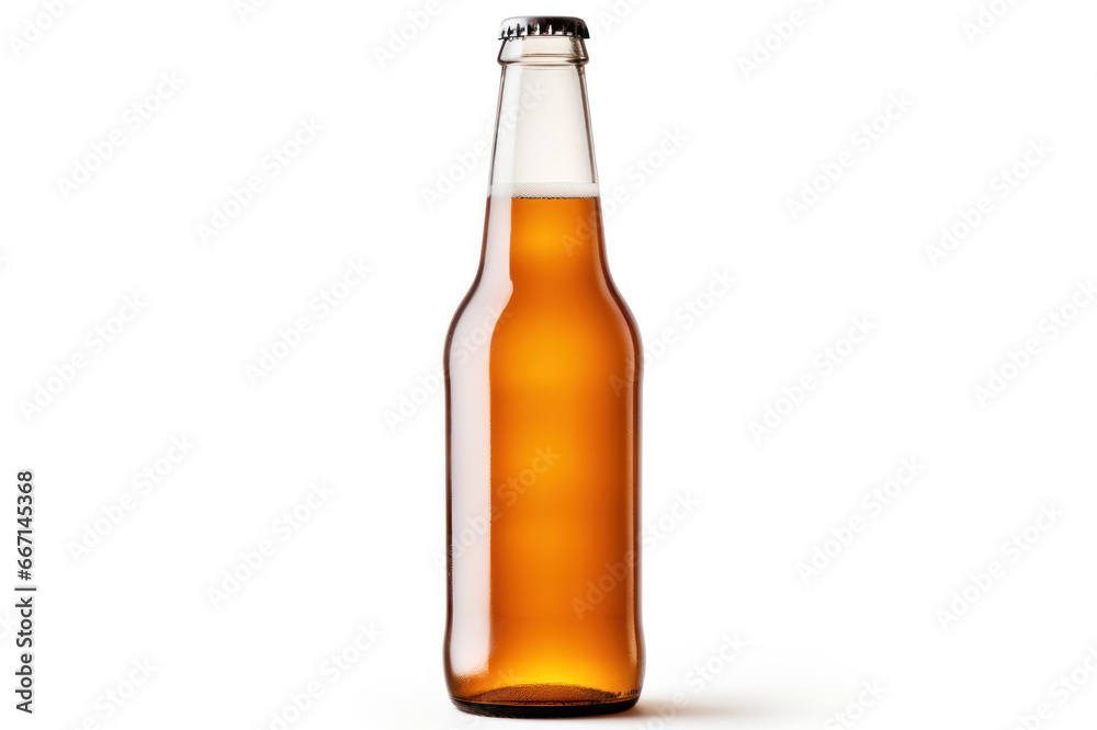 Clean glass transparent beer bottle with beer closed with cap. Isolated on white background. Glass bottle with lemonade or any other yellow-brown drink. Template, mockup for design. With copy space Clean glass transparent beer bottle with beer closed with cap. Isolated on white background. Glass bottle with lemonade or any other yellow-brown drink. Template, mockup for design. With copy space