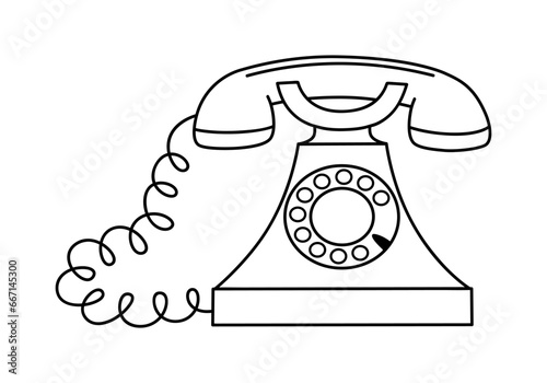 Hand drawn cute outline illustration of blue retro wired phone. Flat vector old telephone with dial sticker in simple line art doodle style. Call device icon or print. Isolated on white background.