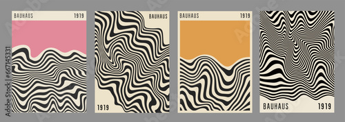 Bauhaus Abstract Wavy Backgrounds. Cool Geometric Posters Vector Design. Optical Illusion Shape Textures.