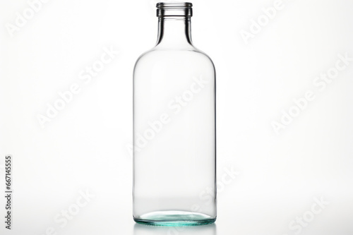 Transparent clean empty Glass bottle without cap isolated on white background. Mockup, template for design. With copy space. Empty bottle for drink, juice, lemonade, milk, beer, alcohol, soda.
