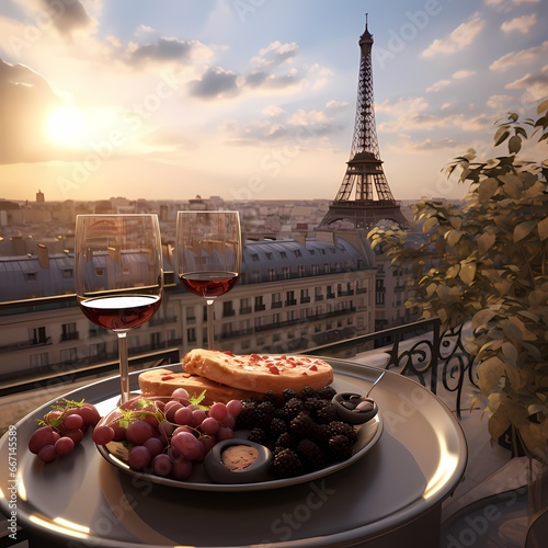 a plate of delicious food and a glass of fine red wine  with Eiffel tower 