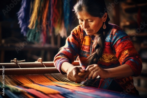Traditional craft. Elderly indigenous woman weaves fabric with intricate patterns on traditional looms. Colorful threads, patterns, focused craftsmanship. Skilled craftsmanship, tradition. Weaver photo