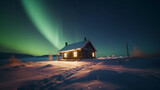  a cabin in the middle of a snowy field, glowing lights