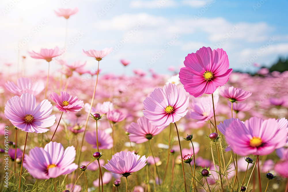 Landscape of beautiful scenery of flowers blooming on the meadow in spring season with sunlight and blue sky background. Horizontal panoramic view of nature grass field. Landscape of beautiful scenery of flowers blooming on the meadow in spring season with sunlight and blue sky background. Horizontal panoramic view of nature grass field.