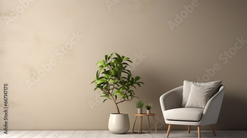 Stylish scandinavian composition of living room with design armchair, loft wall and personal accessories in modern home decor