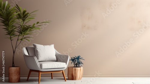 Stylish scandinavian composition of living room with design armchair  loft wall and personal accessories in modern home decor