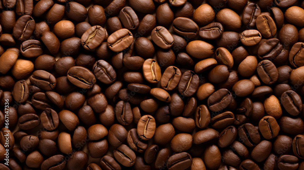 Fototapeta premium Top view of brown coffee beans scattered on the surface.