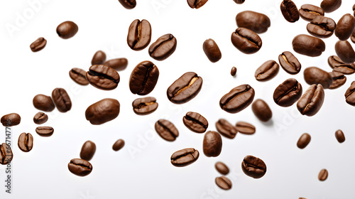 Real coffee beans falling from above isolated on white background