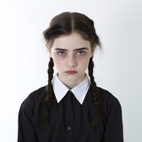 Sad and tired girl. Problems at school, violence. Studio portrait chot. Child. Empty clean white background. Generative AI