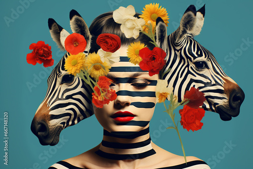 pop art style collage of a fashion woman model with zebra animal head, bright color , flowers surrounded