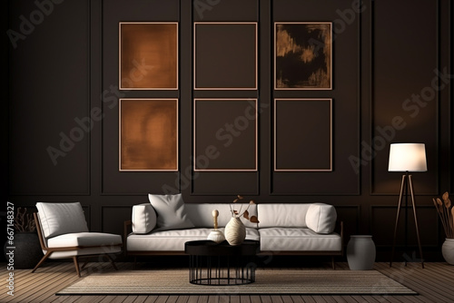 an interior scene sofa and armchairs in a minimal and futuristic living room with a big cozy sofa and pillows  home decor  white and brown palette and frameworks on the wall