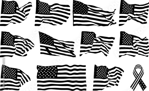 Set of flags of the United States of America, Collection of waving flag silhouettes in the wind, Set of independence, American flag icon set